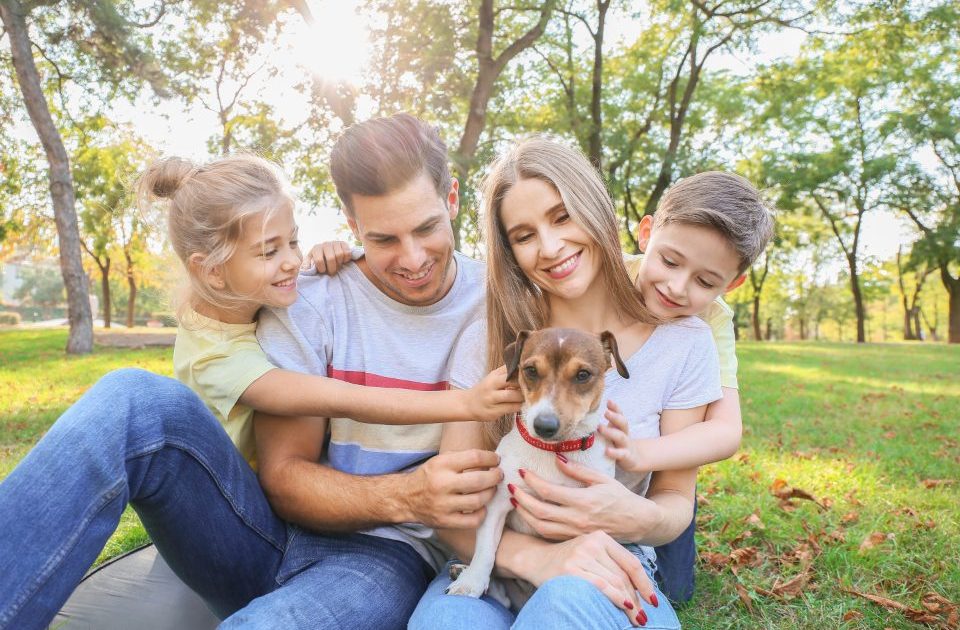 Família sentada na grama do parque abraçando o cachorro em um passeio de fim de semana